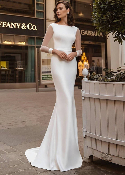 Simple Mermaid Long Sleeve Corset Crepe Wedding Dress - AmberBride