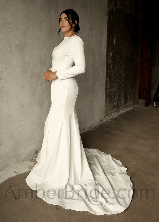 Simple Mermaid Long Sleeve V-Back Crepe Wedding Dress - AmberBride