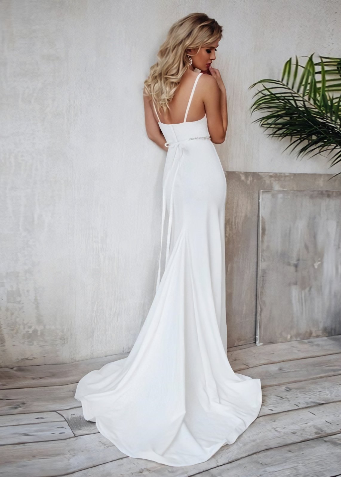 Simple Mermaid Spaghetti Straps Crepe Wedding Dress - AmberBride