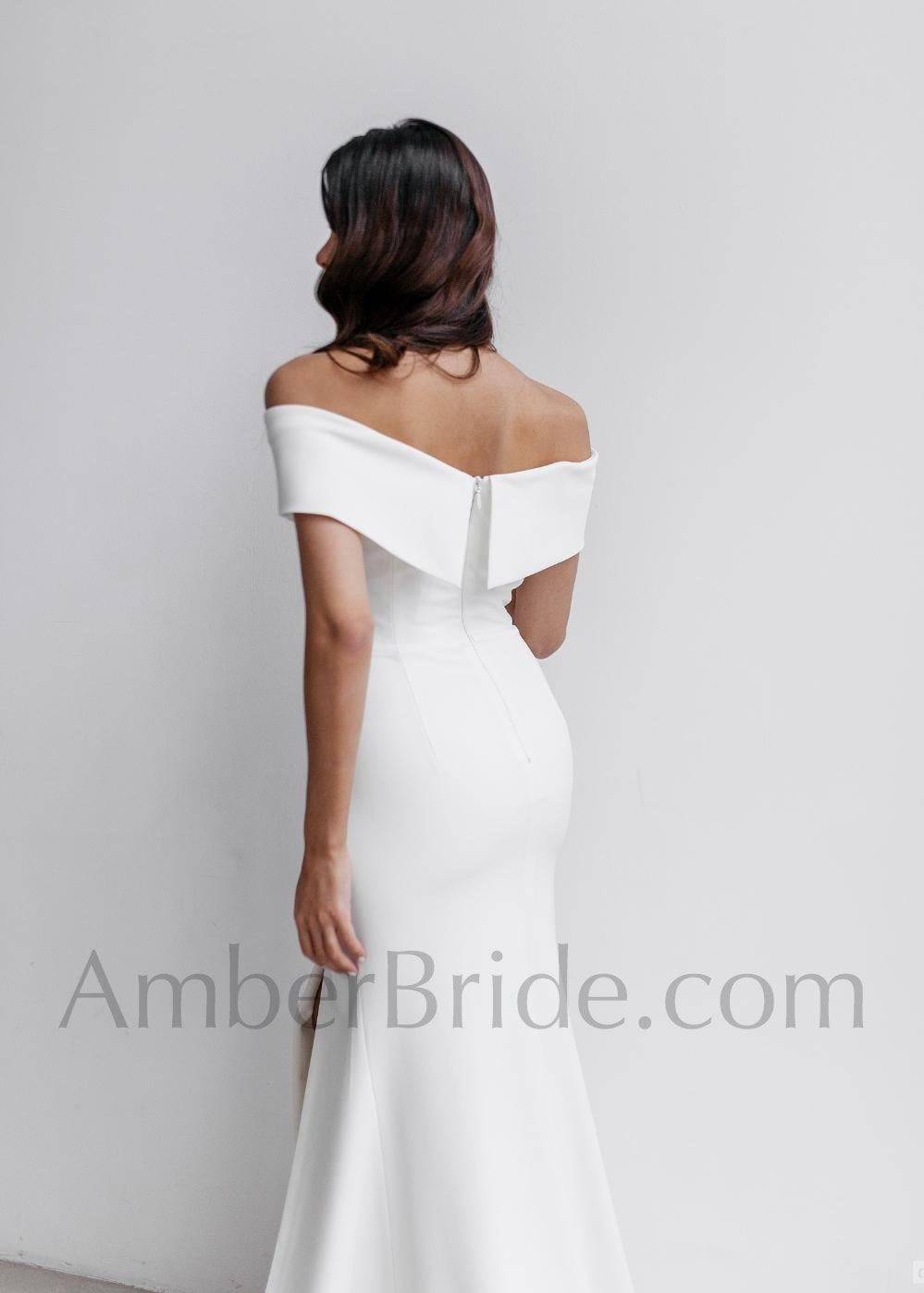 Simple Sheath Off The Shoulder High Slit Crepe Wedding Dress - AmberBride