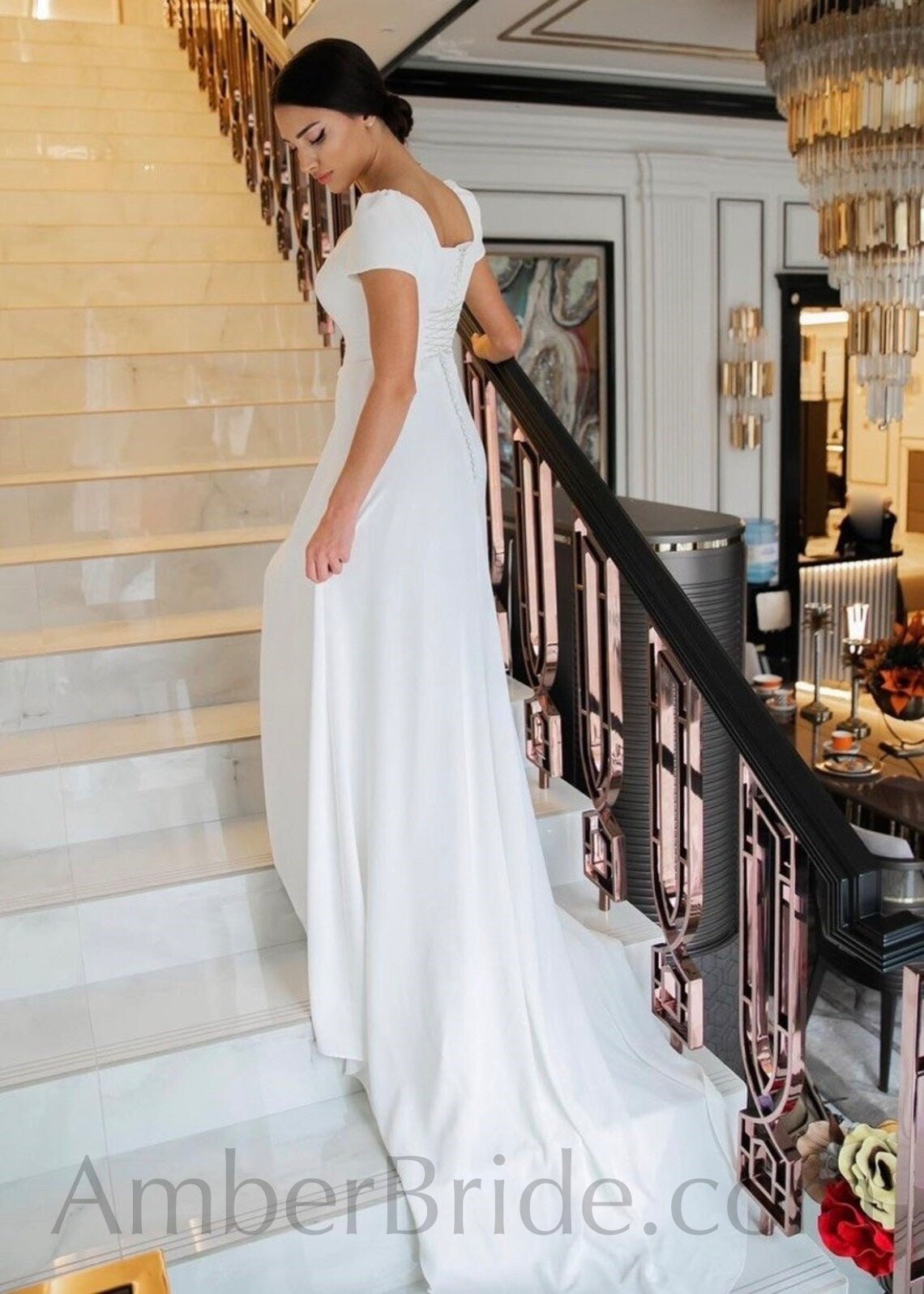 Simple Sheath Short Sleeve Corset Crepe Wedding Dress - AmberBride